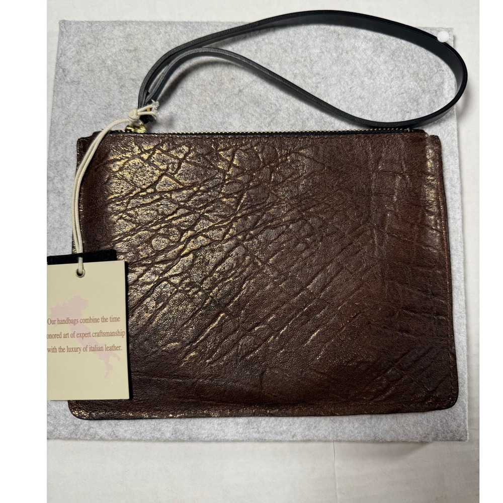 Punto Fibbia Wristlet Clutch Women OS Bronze NWT Italian Leather Metallic Zip